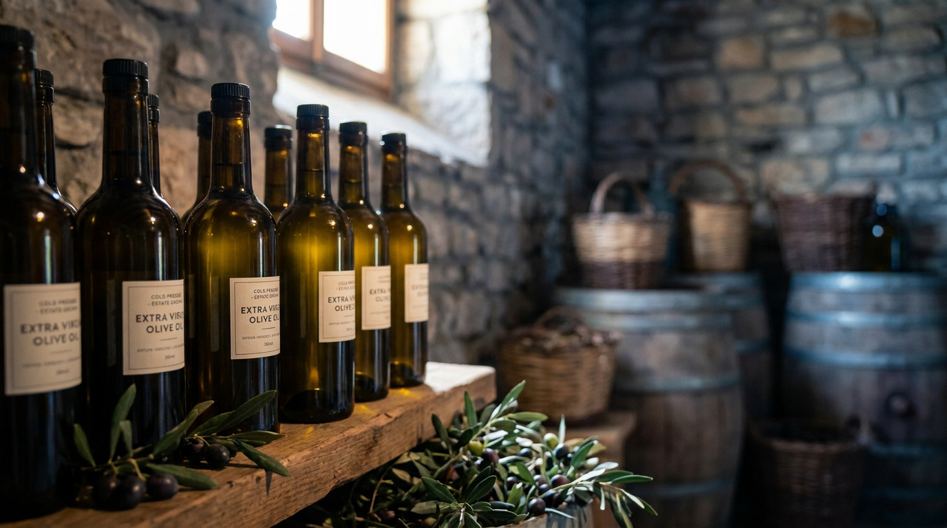 Conservation de l’huile d’olive dans une cave Bouteilles d'huile d'olive alignées sur une étagère en bois dans une cave en pierre avec des tonneaux en arrière-plan.