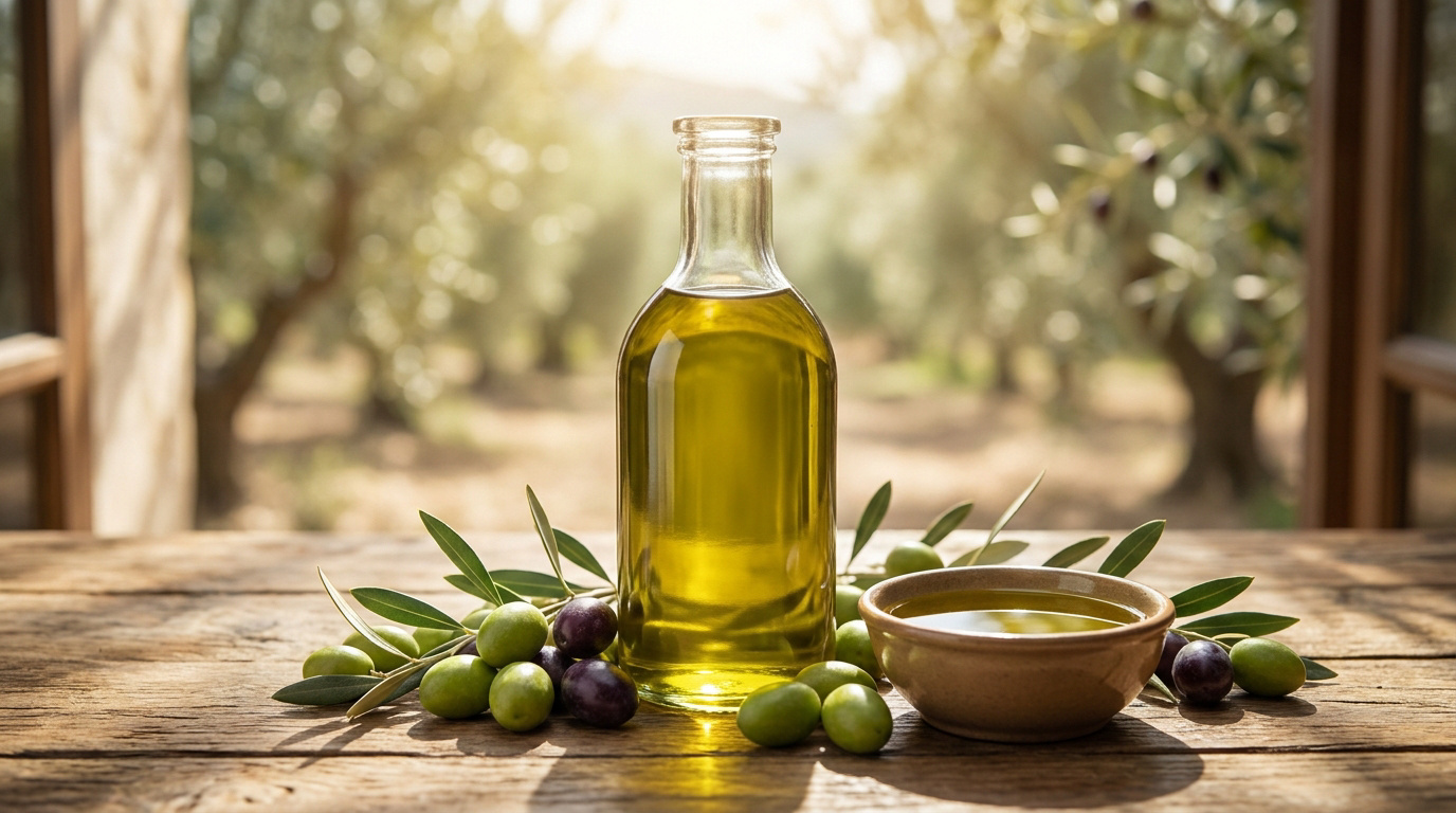 Les bienfaits de l’huile d’olive artisanale Bouteille et bol d'huile d'olive avec des olives fraîches sur une table en bois dans une oliveraie ensoleillée.